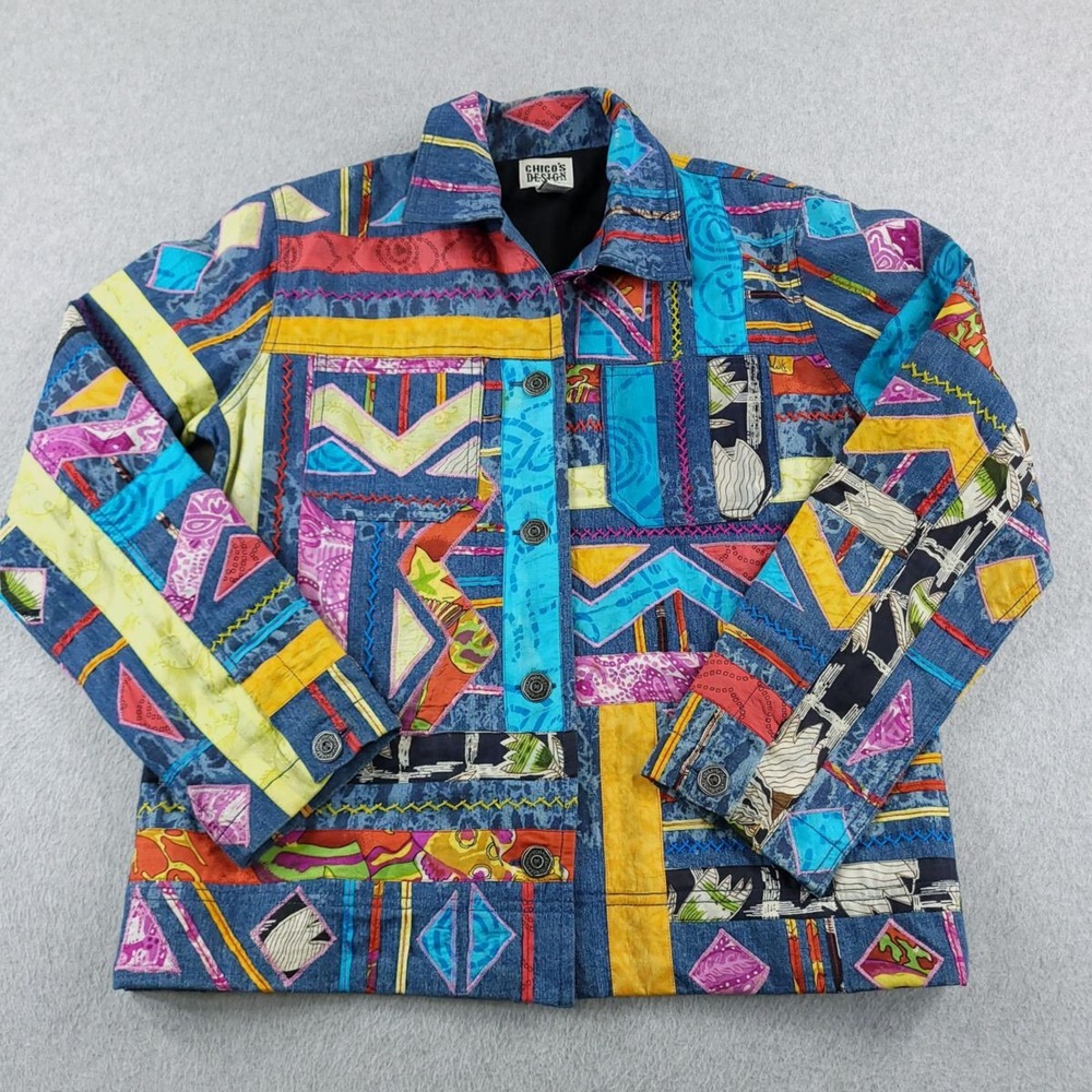 Chicos Jacket Womens 1 US 8 Medium Blue Multicolor Patchwork Silk Button Up